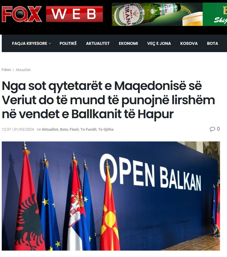 Starting today, citizens of North Macedonia will be able to work freely in the Open Balkans countries